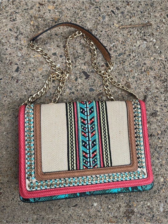 Aldo Tura Handbags - Aldo Tura Cream Canvas Crossbody with Turquoise & Coral Accents